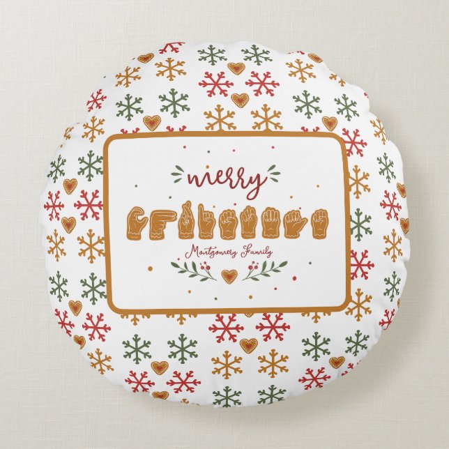 Almofada Redonda Feliz Natal em ASL Personalizado com Mãos de Bisco (Frente)
