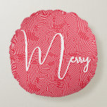 Almofada Redonda Feliz Natal Férias<br><div class="desc">Feliz em um roteiro branco em um padrão de rabiscos e pontos brancos,  este travesseiro vermelho redondo é perfeito para decorar sua casa para as férias. CORRESPONDENDO a itens na nossa loja.</div>