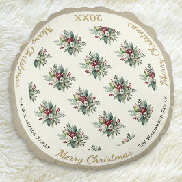 Almofada Redonda Feliz Natal Festivo Aquarela Floral