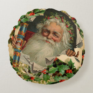 Almofada Redonda Feliz Natal Pai Natal Claus Antiquado clássico