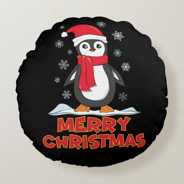 Almofada Redonda Feliz Natal - Pinguim Gato (Frente)