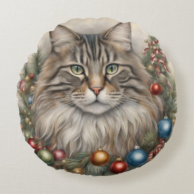 Almofada Redonda Feliz Natal, Presentes de Gato de Maine Coon (Frente)