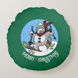 Almofada Redonda Feliz Natal! Texto Editável Esquiando Snowman