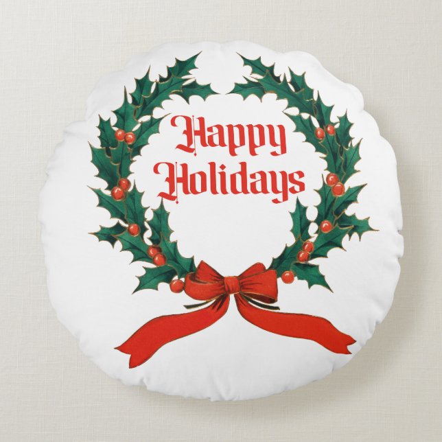 Almofada Redonda Feliz Natal Vintage Holly Wreath (Frente)
