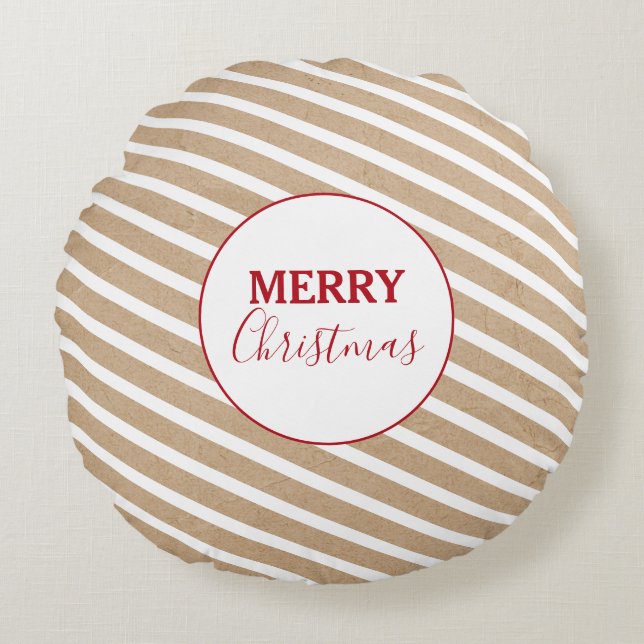 Almofada Redonda Feliz Natal White Stripes Kraft Rustic (Frente)