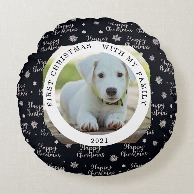 Almofada Redonda Feliz Primeiro Natal Seu Travesseiro Redondo de Fo (Frente)