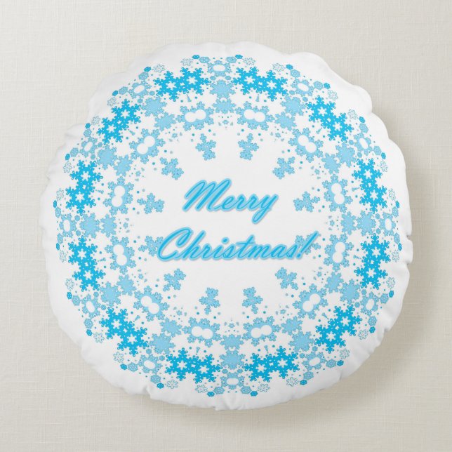 Almofada Redonda Feliz texto de Natal em volta de quadro de neve az (Frente)