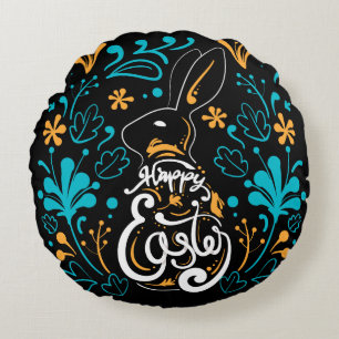 Almofada Redonda felz pascoa Bunny, Artsy Abstrato Floral, Preto