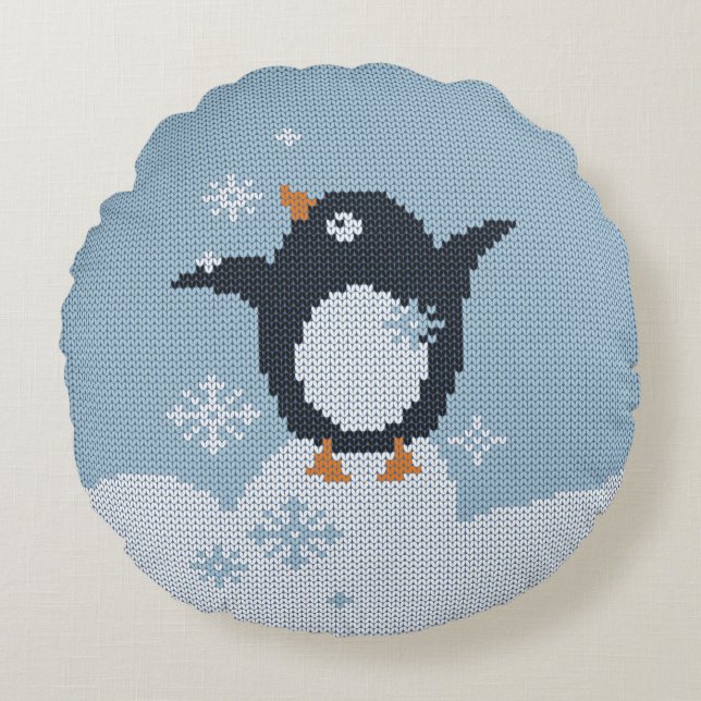 Almofada Redonda Feriados de inverno com Pinguim-Pinguim (Frente)