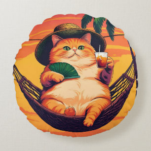 Almofada Redonda Férias De Gato De Verão, Retro Engraçado