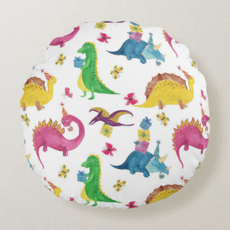 Almofada Redonda Festa de dinossauro: padrão de aquarela.