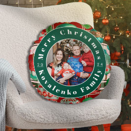 Almofada Redonda Festa de Natal com Foto Personalizada da Família e