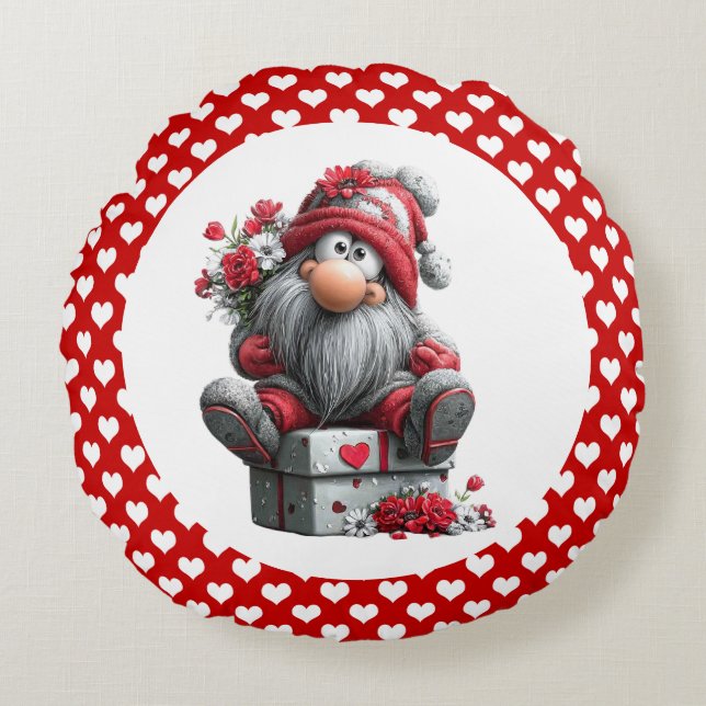 Almofada Redonda Festive Love Messenger Gnome "Heart and Presents"  (Frente)