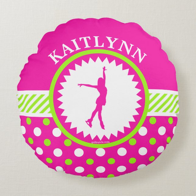 Almofada Redonda Figura Monogrammed rosa do patinador - bolinhas (Frente)
