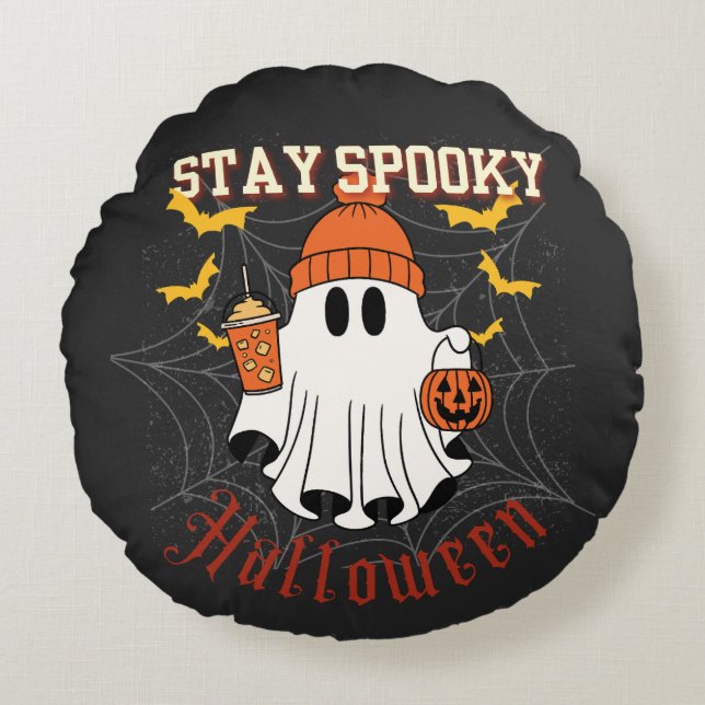 Almofada Redonda Fique Assustador Fantasma Halloween  (Frente)