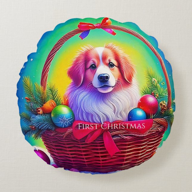 Almofada Redonda First Christmas Cutest Dog in Holiday Basket (Frente)