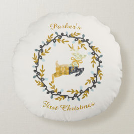 Almofada Redonda First Christmas Deer with Wreath Yellow Cream
