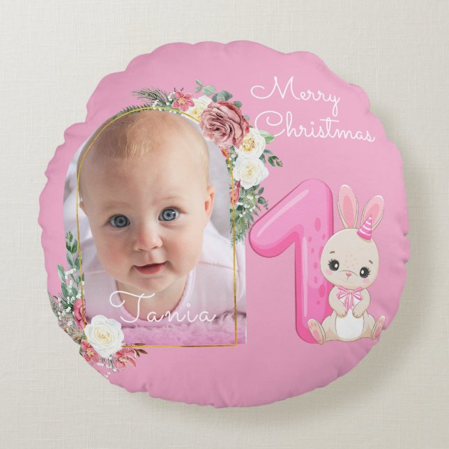 Almofada Redonda First Christmas Pink Baby Girl Photo floral (Frente)