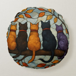Almofada Redonda Five Cats on a Tree Branch Stained Glass Style