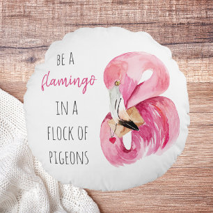 Almofada Redonda Flamingo, Cor de Água Rosa Moderna, Com Citação