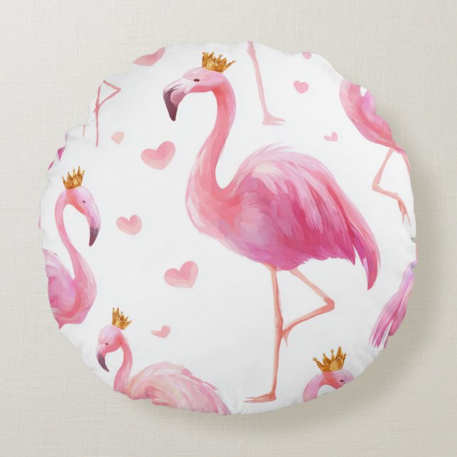 Almofada Redonda Flamingo Coroado – Vibes de Ilha Luxuosa (Frente)