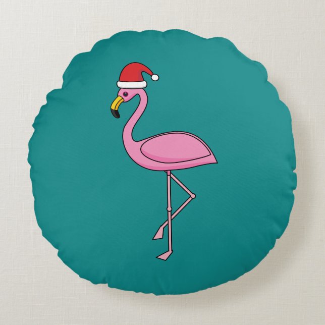 Almofada Redonda Flamingo de Natal com Santa Hat (Frente)