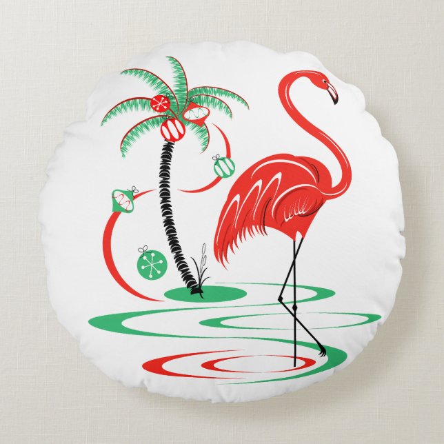 Almofada Redonda Flamingo de Natal Vermelho (Frente)