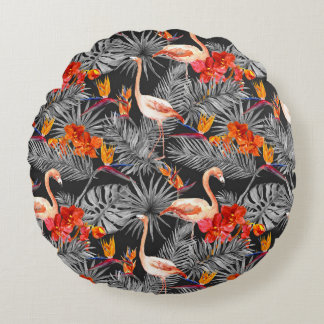Almofada Redonda Flamingo e flores, padrão monocromático.
