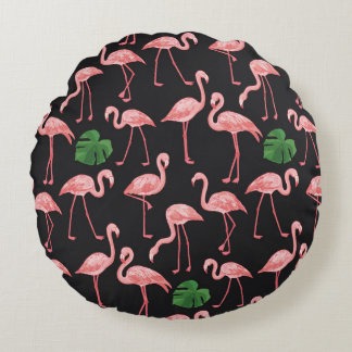 Almofada Redonda Flamingo Elegance: Fusão de Monstera Vintage.