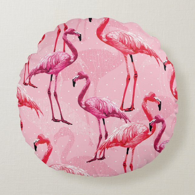 Almofada Redonda Flamingo Elegance: Padrão de Pássaro Rosa. (Frente)
