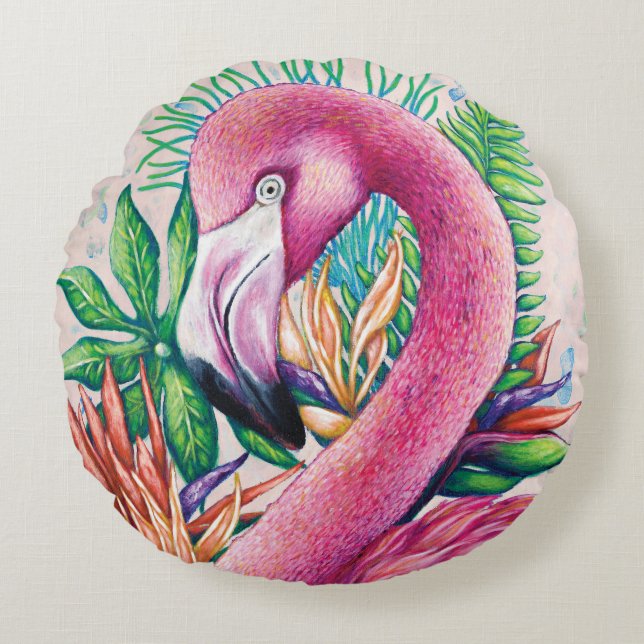 Almofada Redonda Flamingo Fofo Travesseiro Redondo Rosa Tropical (Frente)