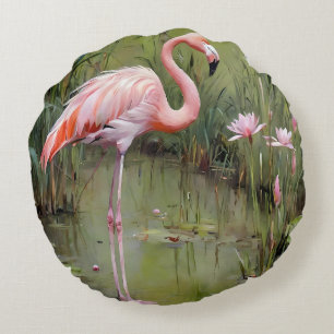 Almofada Redonda Flamingo, Lírios De Água E Pintura De Óleo De Leit