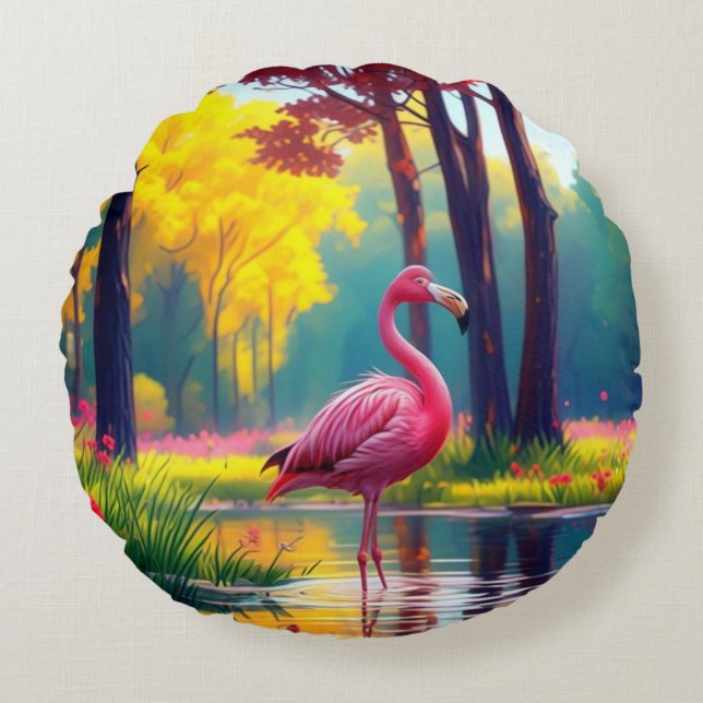 Almofada Redonda Flamingo no lago-365476 (Frente)