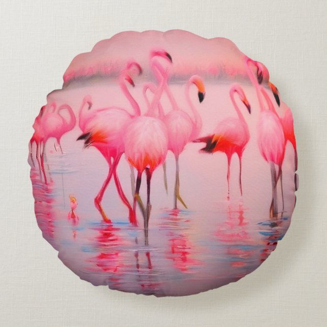 Almofada Redonda Flamingo no lago Travesseiro redondo (Frente)