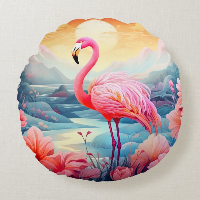 Almofada Redonda Flamingo Tropical com Flores (Frente)