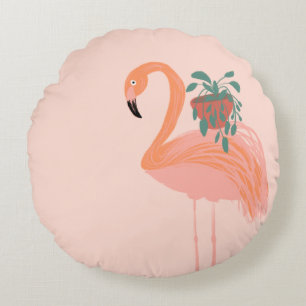 Almofada Redonda Flamingo Tropical com Planta em Vaso Desenhado à M
