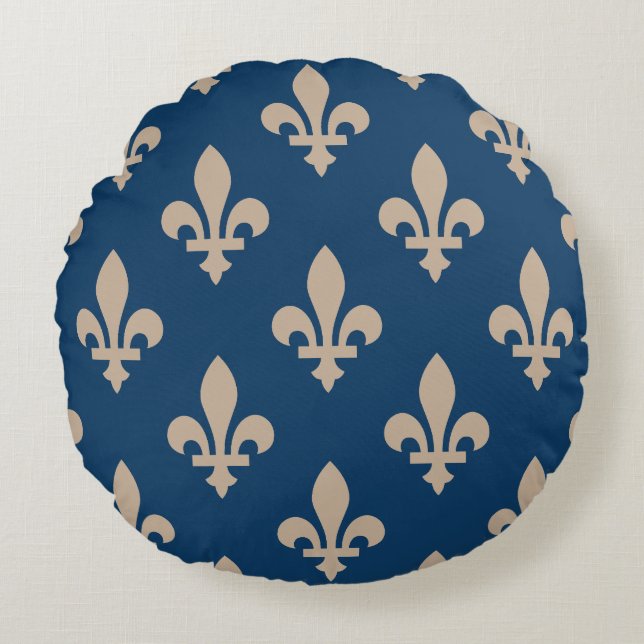Almofada Redonda Fleur de Lis Pattern, Royal French, Cream on Blue (Frente)