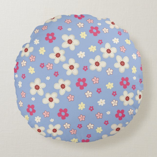 Almofada Redonda fleurs printanières sur fond bleu (Frente)
