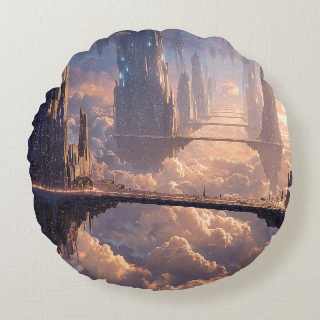 Almofada Redonda Floating Metropolis in the Clouds (Frente)