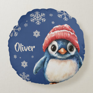 Almofada Redonda Floco de Neve de Natal Personalizado em Pinguim