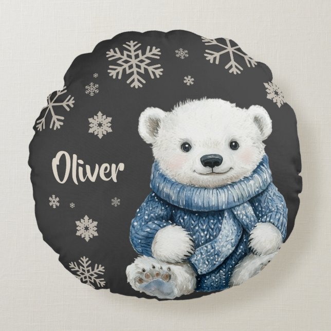 Almofada Redonda Floco de Neve Personalizado do Urso Branco (Frente)
