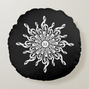 Almofada Redonda Floco de neve preto Monograma branco Ornamental G-