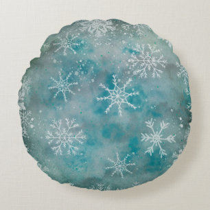 Almofada Redonda Flocos de neve brancos no inverno de Natal em azul