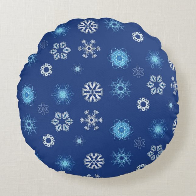Almofada Redonda Flocos de neve de Natal na sua cama (Frente)