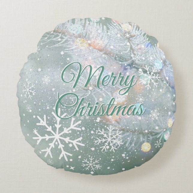 Almofada Redonda Flocos de neve de Natal Verde (Frente)