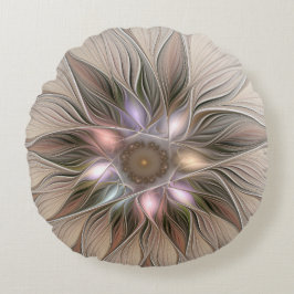 Almofada Redonda Flor Abstrata Alegre Bege Marrom Fractal Floral