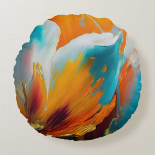 Almofada Redonda Flor Abstrata em Laranja e Azul Turquesa