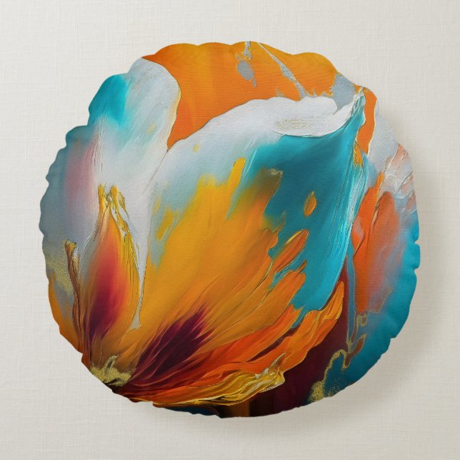 Almofada Redonda Flor Abstrata em Laranja e Azul Turquesa (Frente)
