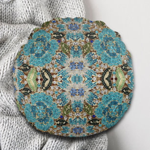 Almofada Redonda flor azul-azul-turquesa prateada boêmica