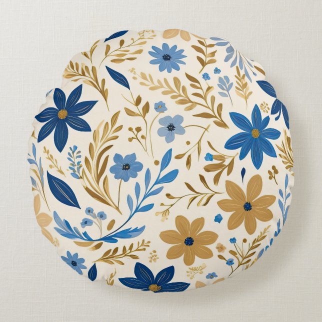 Almofada Redonda Flor azul e branco Dourado (Frente)